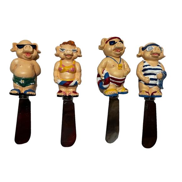 Beach Funny Pigs 4pc Cheese Board Appetizer spreaders knives Summer Lake Life - Picture 1 of 7